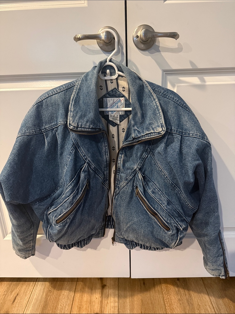 Light Blue Denim Bomber Jacket - Retro Zip Pocket Design